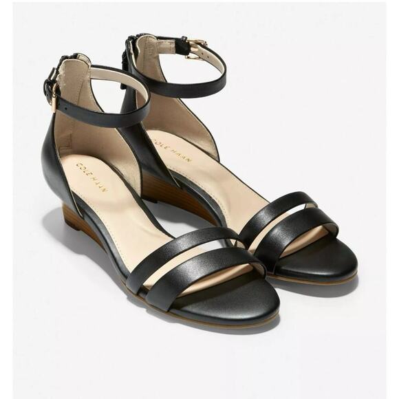 Cole Haan Shoes - Women's Cole Haan Abriella 7M Leather Wedge Sandals Low Heel Classy Black Office